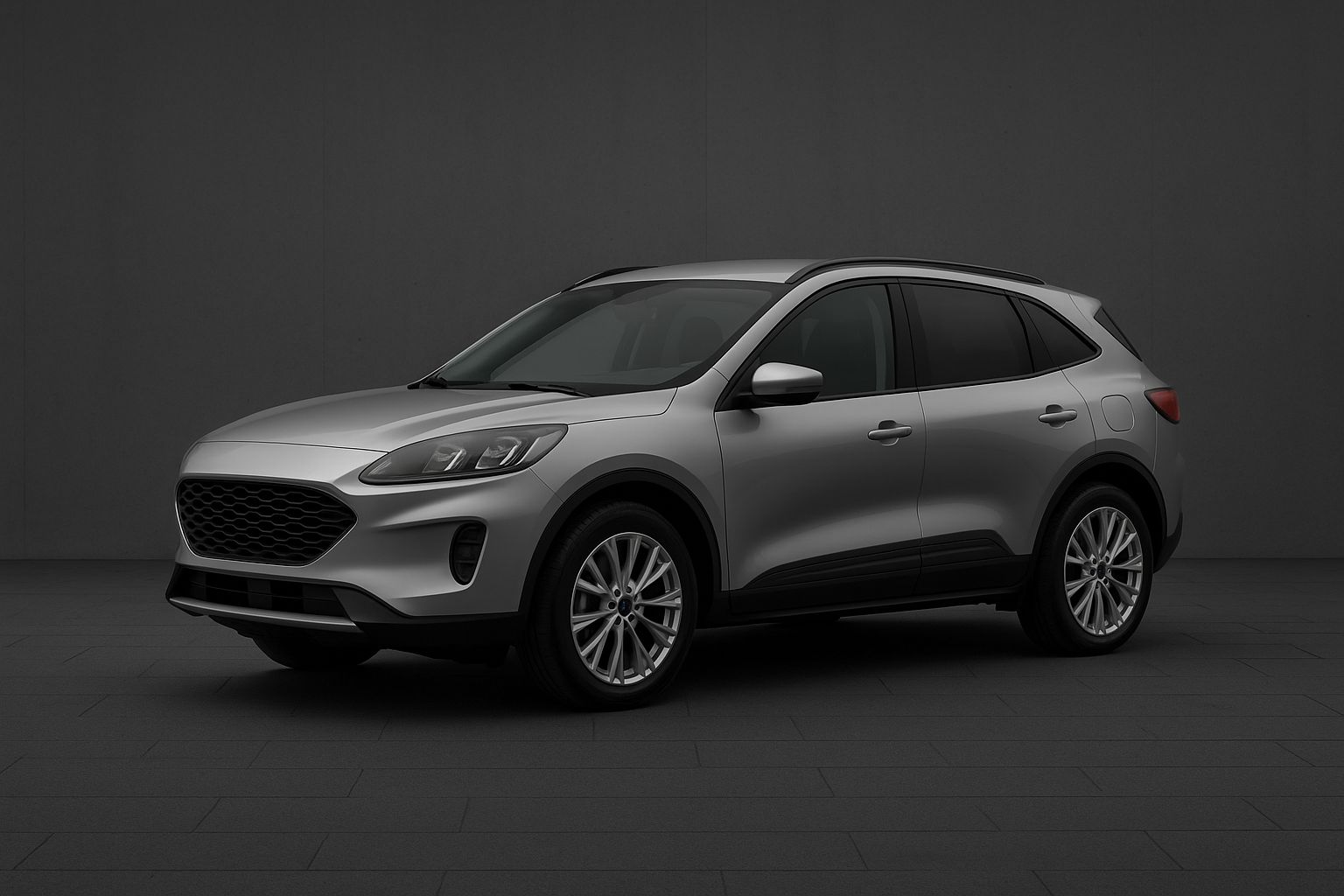 Svart Ford Kuga parkerad på en gata framför en modern byggnad i dagsljus.