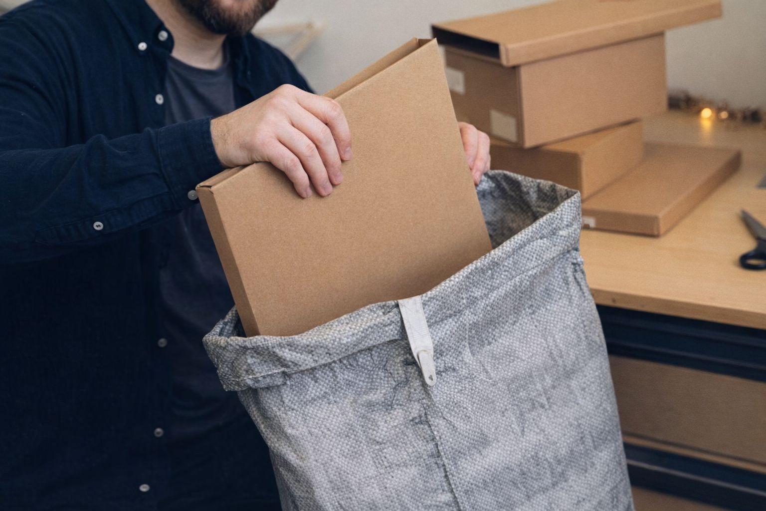 En person packar en platt kartong i en grå fraktpåse för leverans.