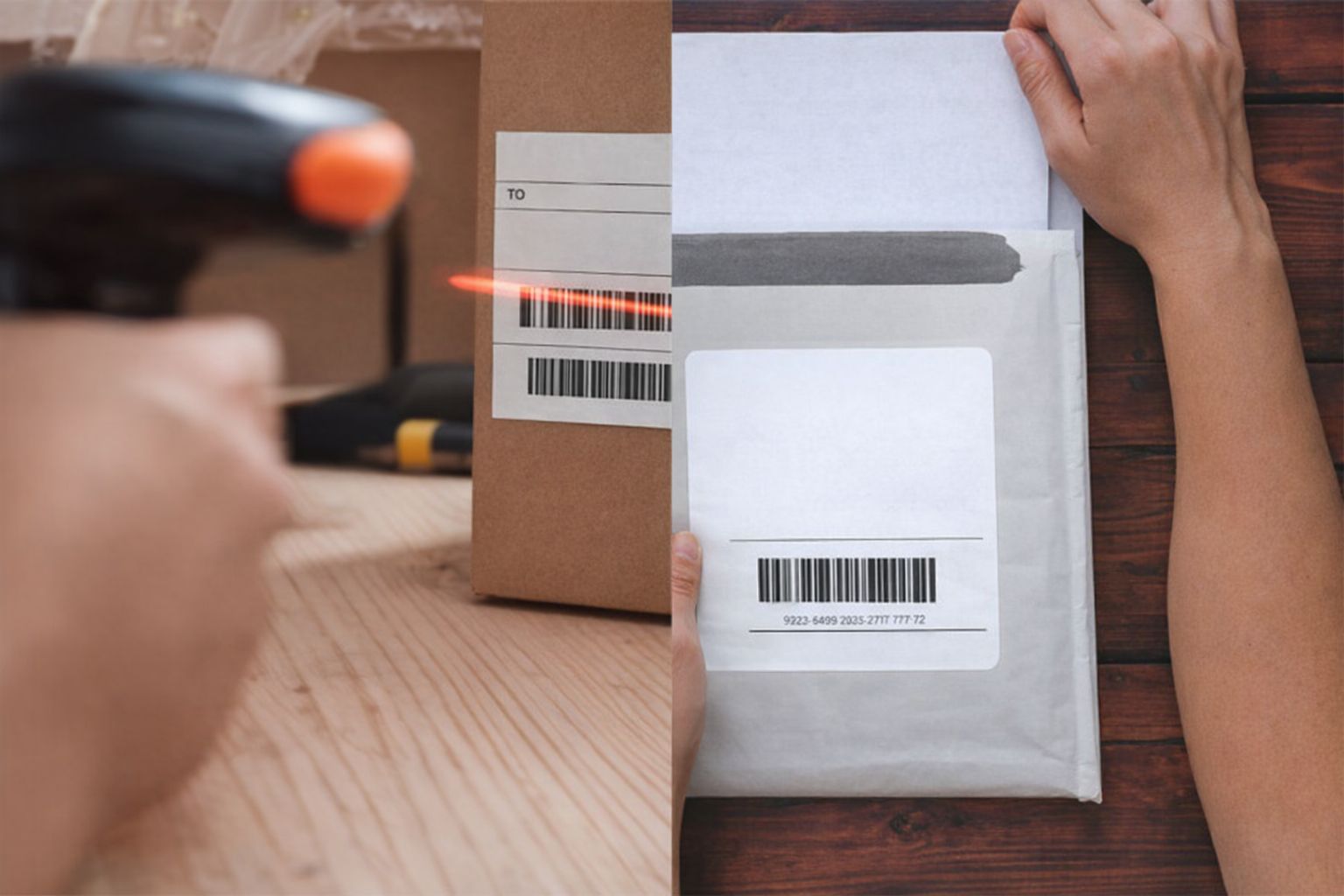 Skanning av fraktsedel på paket och packning av försändelser för e-handel.