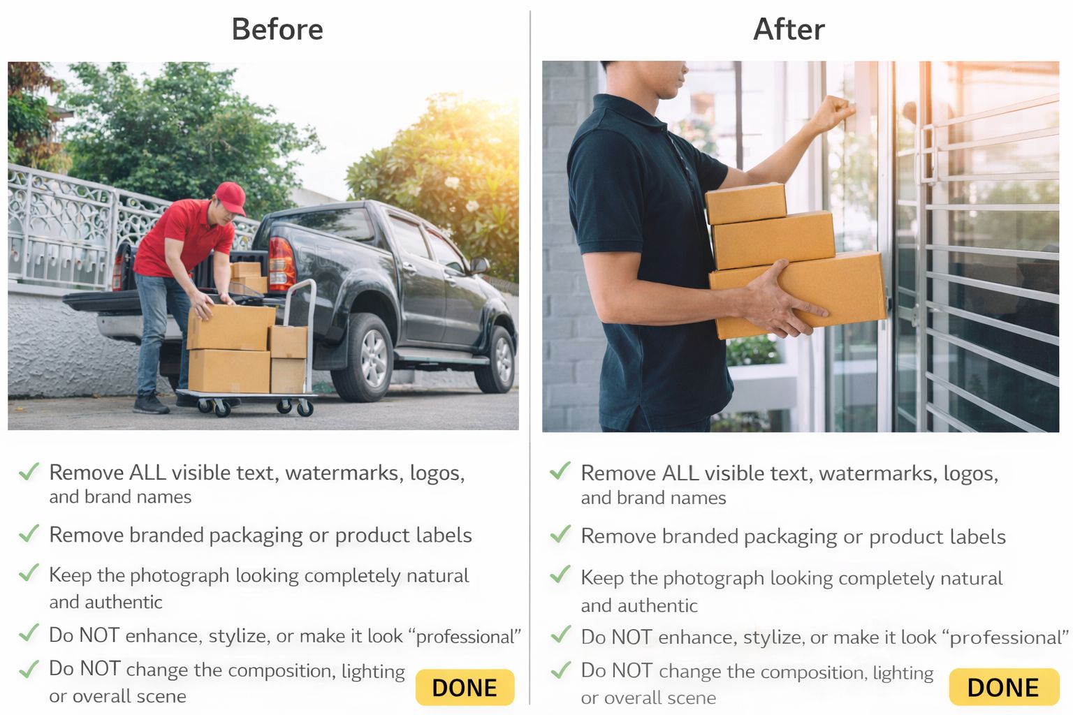 Före- och efterbilder på en kurir som hämtar och levererar paket vid en bil och dörr.