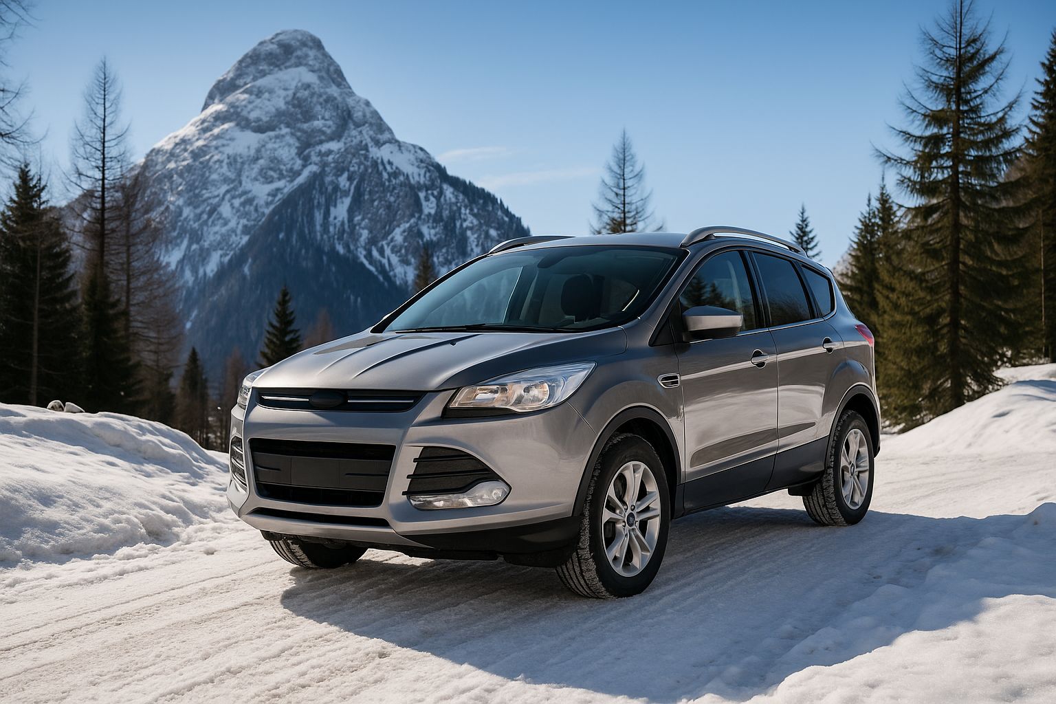 Ford Kuga kör i snöigt vinterlandskap, markerar dess fyrhjulsdriftsegenskaper.